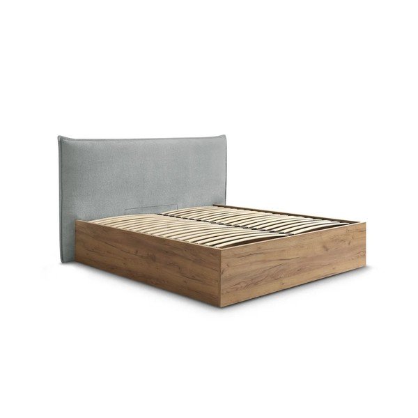 Pat matrimonial gri deschis tapițat/din  placă aglomerată de lemn tapițat cu spațiu de depozitare cu somieră 180x200 cm Charlie – Bobochic Paris