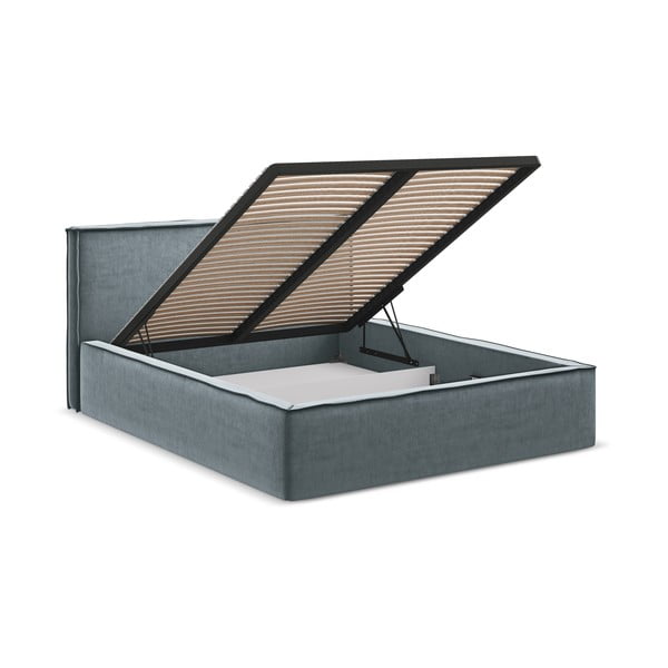 Pat matrimonial albastru deschis tapițat cu spațiu de depozitare cu somieră 160x200 cm Anani – Makamii-image-3