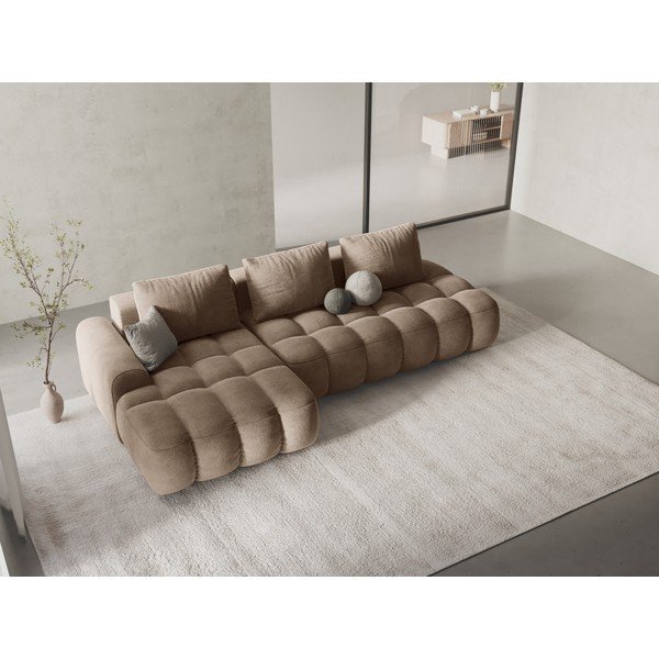 Colțar maro deschis extensibil/cu spațiu de depozitare cu tapițerie din catifea (cu colț pe partea stângă/cu șezlong) Linz – Cosmopolitan Design-image-1