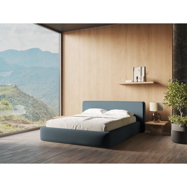 Pat matrimonial albastru tapițat cu spațiu de depozitare cu somieră 180x200 cm Kiana – Makamii-image-1