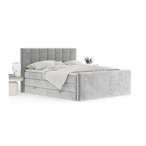 Pat boxspring gri deschis cu spațiu de depozitare 200x200 cm Ava – Maison de Rêve-image-3