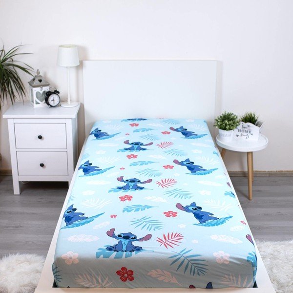 Cearceaf pentru copii albastru din bumbac pentru pat de o persoană cu elastic 90x200 cm Lilo & Stitch "Blue" – Jerry Fabrics-image-1