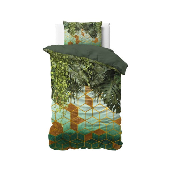 Lenjerie de pat din bumbac satinat, pentru pat de o persoană DH Botanical Dreams Forest Sceptic Green, 140 x 200 cm