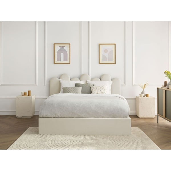 Pat matrimonial bej tapițat cu spațiu de depozitare cu somieră 160x200 cm Badja – Bobochic Paris-image-1
