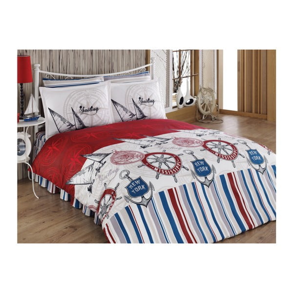 Set lenjerie de pat cu cearșaf din bumbac Karuma Rojo, 160 x 220 cm