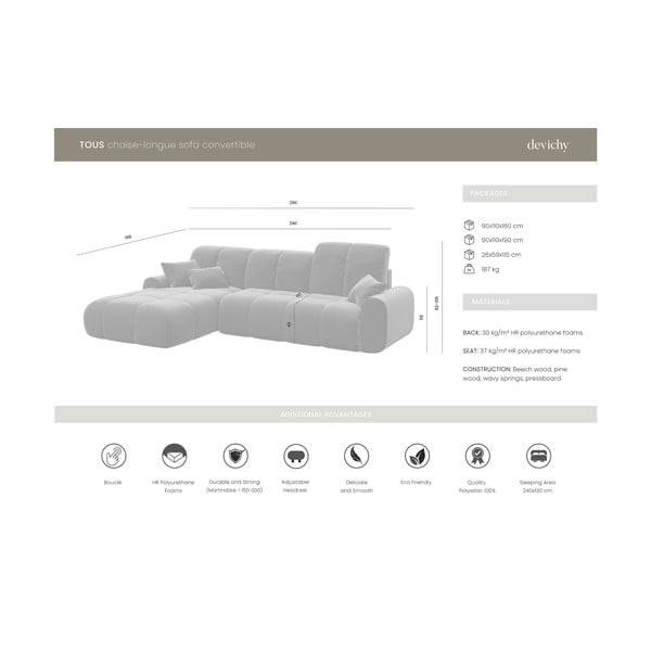 Colțar extensibil cu șezlong pe partea stângă Devichy Tous, roz-image-4