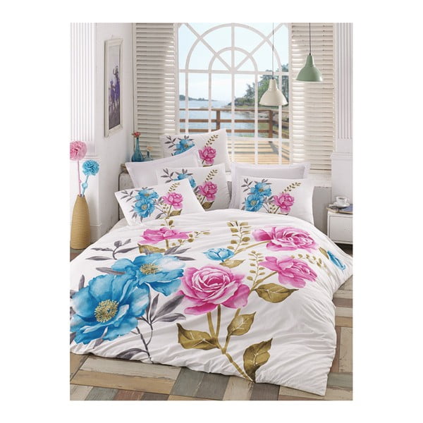 Lenjerie de pat cu cearșaf Celina, 200 x 220 cm, roz-albastru