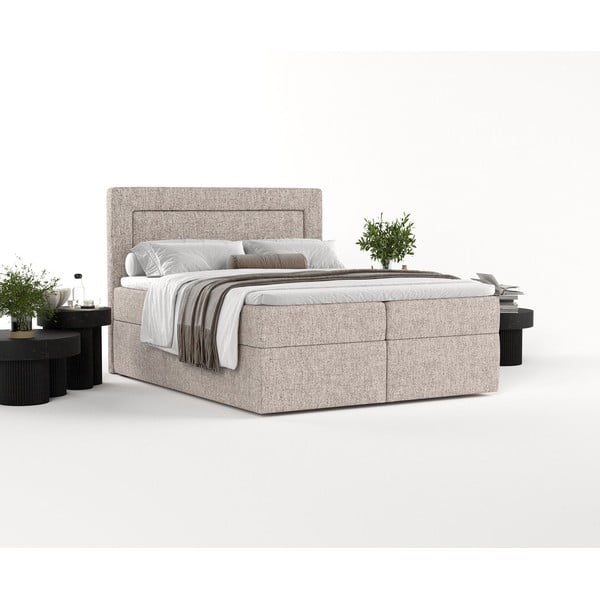 Pat boxspring maro deschis cu spațiu de depozitare 200x200 cm Imagine – Maison de Rêve-image-2
