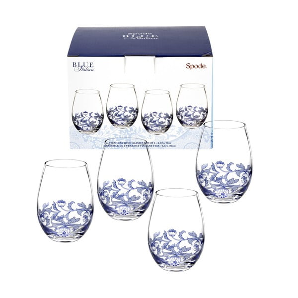 Set 4 pahare din sticlă pentru vin Spode Blue Italian, 570 ml, alb - albastru