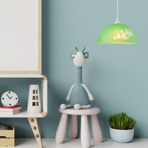 Lustră pentru copii verde cu abajur din sticlă ø 30 cm Mariposa – LAMKUR-image-3