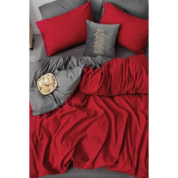 Lenjerie de pat roșie-gri din bumbac pentru pat dublu-extins și cearceaf 200x220 cm – Mila Home