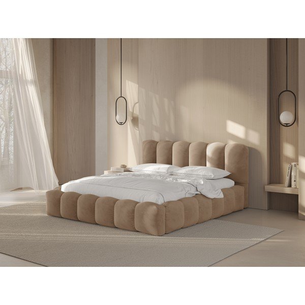 Pat matrimonial maro deschis tapițat cu spațiu de depozitare cu somieră 160x200 cm Lupine – Micadoni -image-1