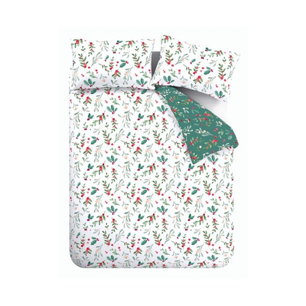 Lenjerie de pat albă-verde din flanelă pentru pat dublu, extinsă 230x220 cm Holly and Mistletoe – Catherine Lansfield