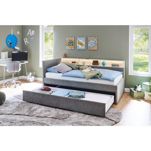 Pat pentru copii  gri pe colț cu spațiu de depozitare fără somieră 90x200 cm Uno – Meise Möbel-image-3