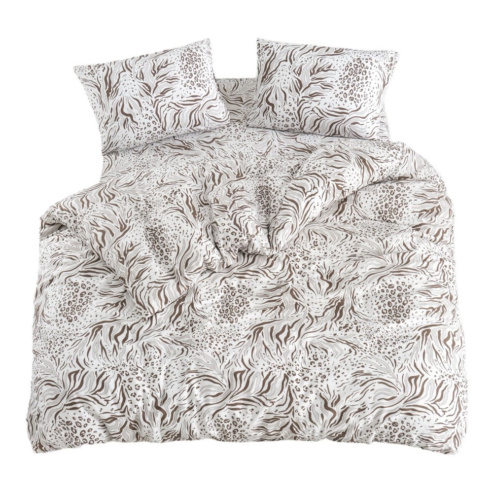 Lenjerie de pat albă-maro pentru pat dublu, extinsă cu cearceaf inclus, cu 4 piese 200x220 cm Floral – Mila Home
