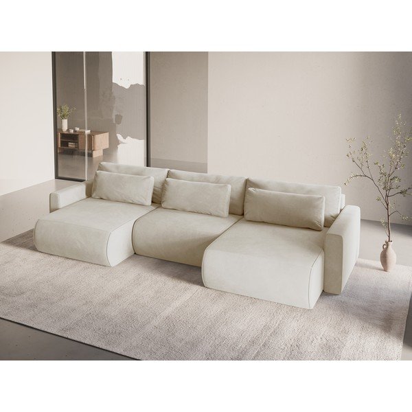 Colțar bej extensibil, cu spațiu de depozitare cu tapițerie din catifea (în formă de "U") Belfast – Cosmopolitan Design-image-1