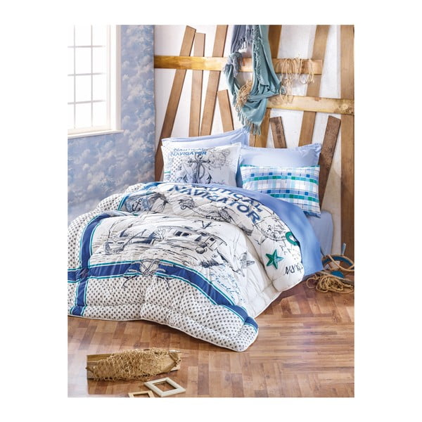 Set lenjerie de pat, cearșaf și pătură Azul Navy, 200 x 260 cm