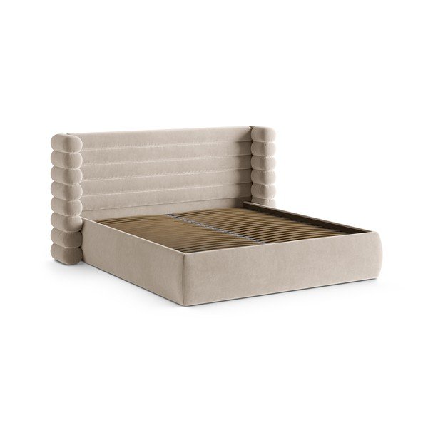 Pat matrimonial bej tapițat cu spațiu de depozitare cu somieră 180x200 cm Mount – Micadoni -image-3