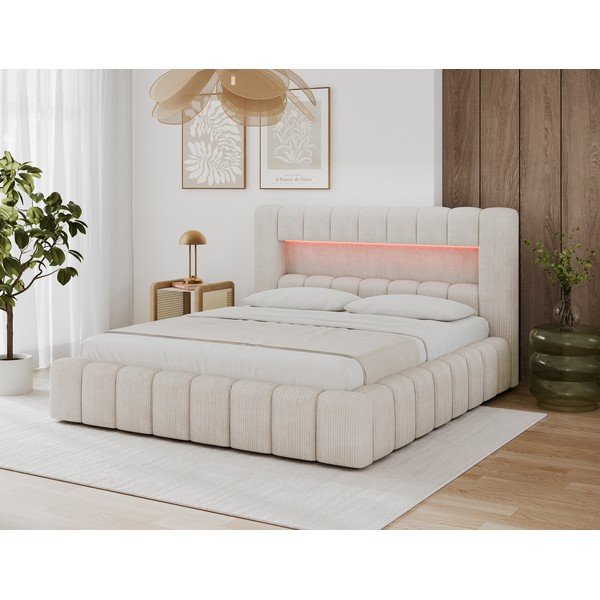 Pat matrimonial bej tapițat cu spațiu de depozitare cu somieră 140x200 cm Lamica – ELTAP-image-2