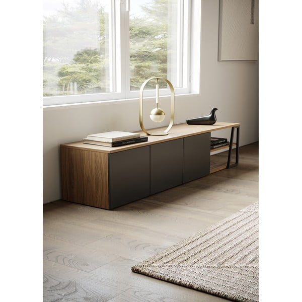 Comodă TV  neagră/în culoare naturală cu aspect de lemn de nuc 190x45 cm Albi - TemaHome-image-1