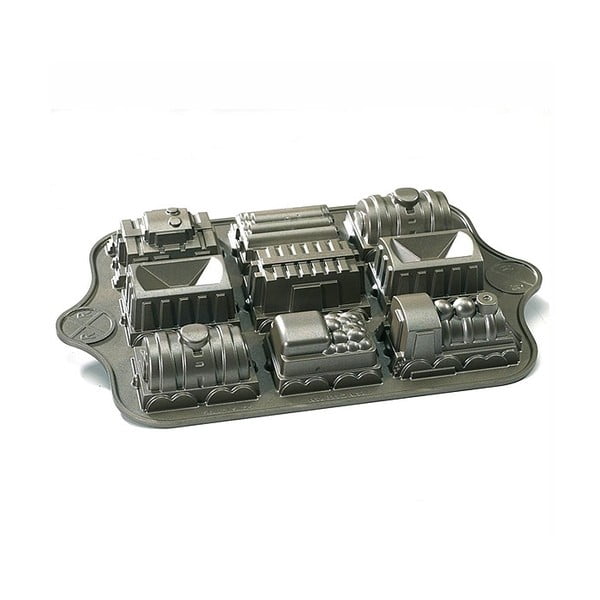Formă pentru mini 9 checuri în formă de tren, Nordic Ware Train, 1,2 l, argintiu