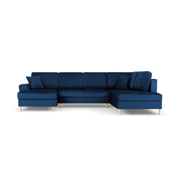 Colțar albastru extensibil, cu spațiu de depozitare cu tapițerie din catifea (cu colț pe partea dreaptă, în formă de "U") Kyoto – Cosmopolitan Design