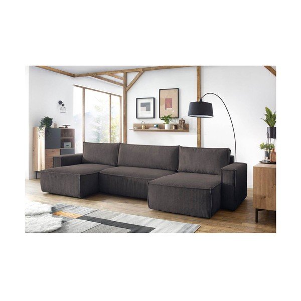 Colțar taupe extensibil cu tapițerie din catifea reiată  (în formă de "U") Nihad – Bobochic Paris-image-1