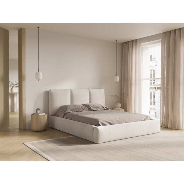 Pat matrimonial bej tapițat cu spațiu de depozitare și somieră 160x200 cm Brody – Mazzini Beds-image-1