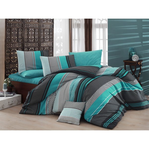Lenjerie de pat cu cearșaf pentru pat dublu Nazenin Home Zigo Turquoise, 200 x 220 cm