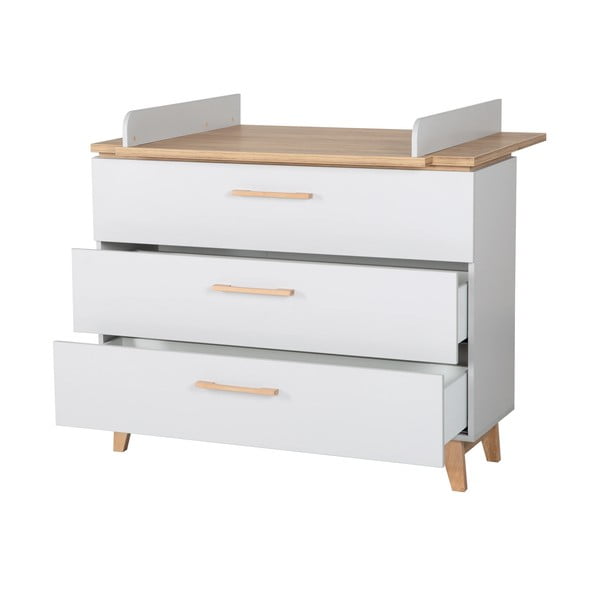 Comodă de copii gri deschis joasă cu aspect de lemn de stejar cu masă de schimbat 117x104 cm Caro – Roba-image-3