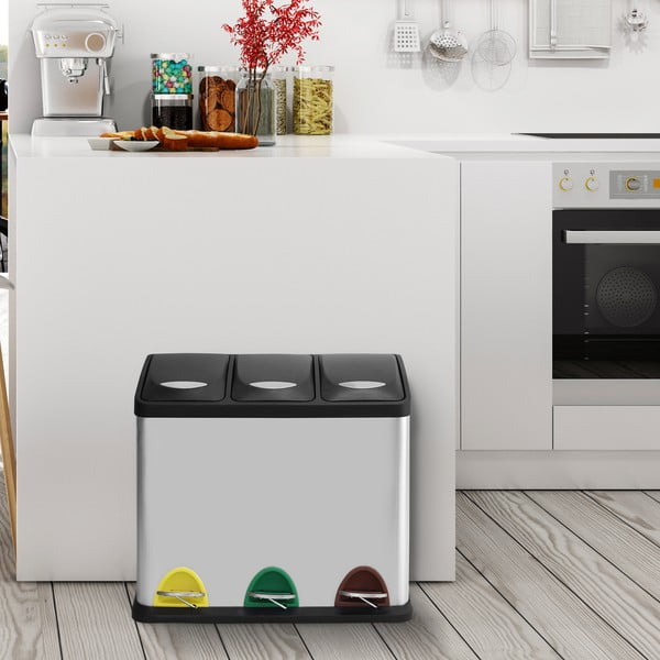 Coș de gunoi argintiu mat pentru reciclare/cu pedală 3x8 l din oțel   Tri Selectif – MSV-image-1