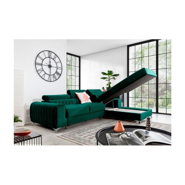 Colțar verde extensibil/cu spațiu de depozitare cu tapițerie din catifea (cu colț pe partea dreaptă/cu șezlong) Grayson – ELTAP-image-3