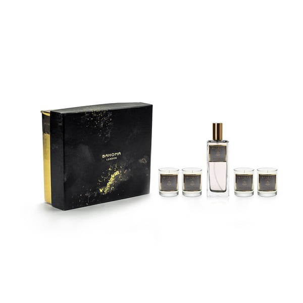 Set 4 lumânări parfumate și parfum de casă, în cutie de cadou, cu aromă de iasomie și vanilie Bahoma London