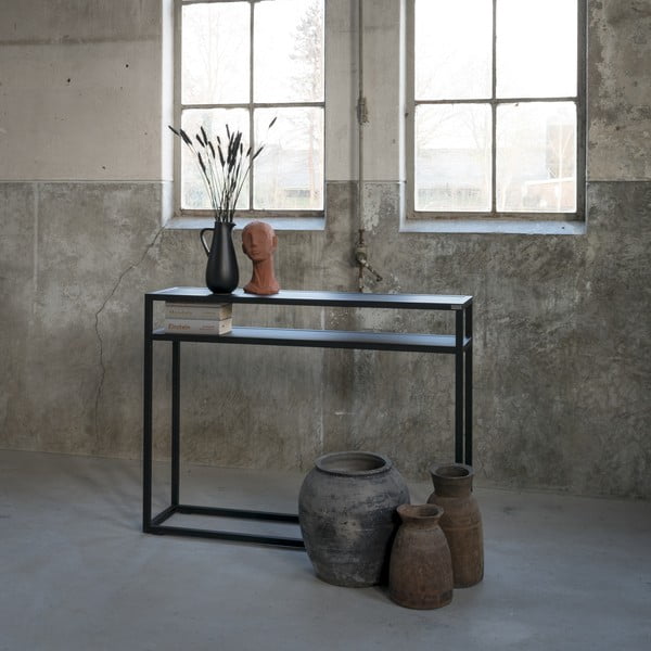 Masă consolă neagră cu blat din lemn de stejar 30x120 cm Daniël – Spinder Design-image-2