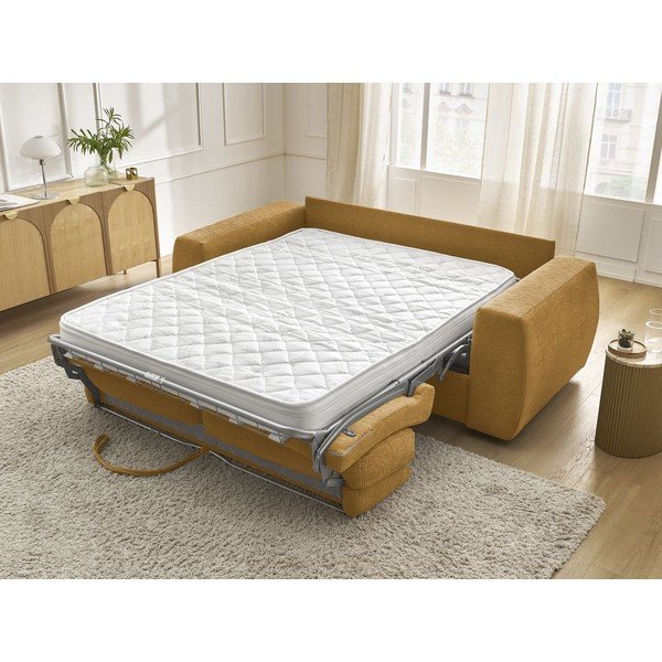 Canapea galben-muștar pentru dormitul zilnic/extensibilă cu tapițerie din chenille 240 cm Hugo – Bobochic Paris-image-1