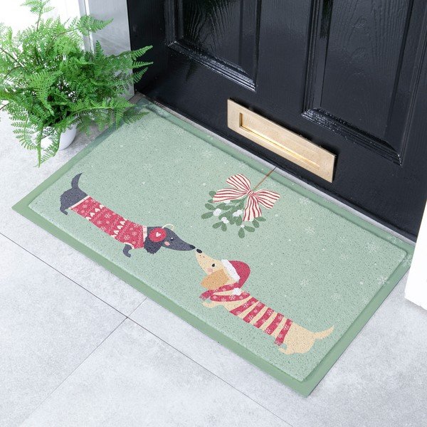 Covoraș de intrare din plastic reciclat 40x70 cm  cu model de Crăciun Christmas Sausage Dogs – Artsy Doormats-image-1