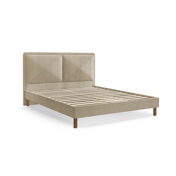 Pat matrimonial bej tapițat tapițat cu somieră 140x190 cm Mara – Bobochic Paris