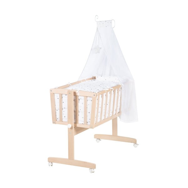 Pătuț leagăn  în culoare naturală din lemn de fag cu roți/cu baldachin 40x90 cm – Roba