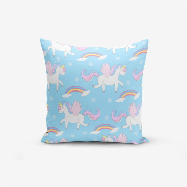Față de pernă cu amestec din bumbac Minimalist Cushion Covers Blue Background Unicorn Rainbows, 45 x 45 cm