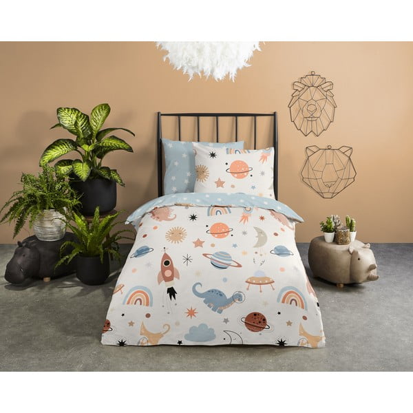 Lenjerie de pat pentru copii albastră-bej din bumbac pentru pat de o persoană 140x200 cm Eclips – Good Morning-image-1