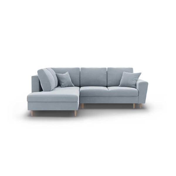 Colțar albastru deschis extensibil, cu spațiu de depozitare cu tapițerie din catifea (cu colț pe partea stângă-în formă de ”L”) Kyoto – Cosmopolitan Design