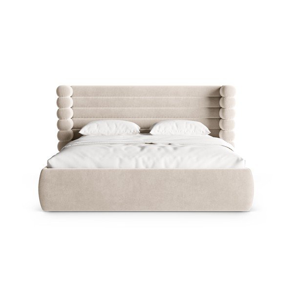 Pat matrimonial bej tapițat cu spațiu de depozitare cu somieră 180x200 cm Mount – Micadoni -image-4