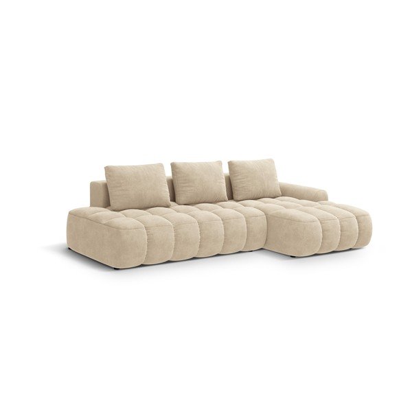 Colțar bej extensibil/cu spațiu de depozitare cu tapițerie din catifea (cu colț pe partea dreaptă/cu șezlong) Linz – Cosmopolitan Design-image-2