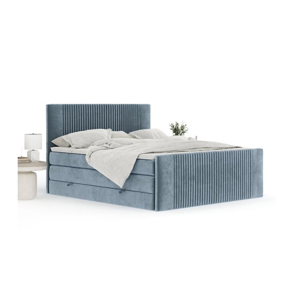 Pat boxspring albastru cu spațiu de depozitare 140x200 cm Bergamo – Maison de Rêve-image-4