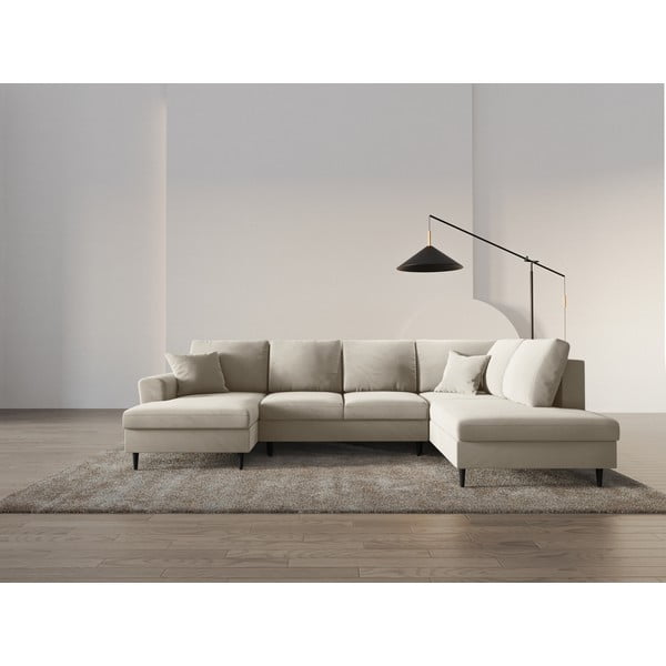 Colțar bej extensibil, cu spațiu de depozitare cu tapițerie din catifea (cu colț pe partea dreaptă-în formă de "U") Kyoto – Cosmopolitan Design-image-2