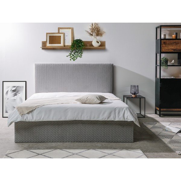 Pat matrimonial 160x200 cm gri tapițat cu spațiu de depozitare cu somieră Adele – Bobochic Paris-image-2