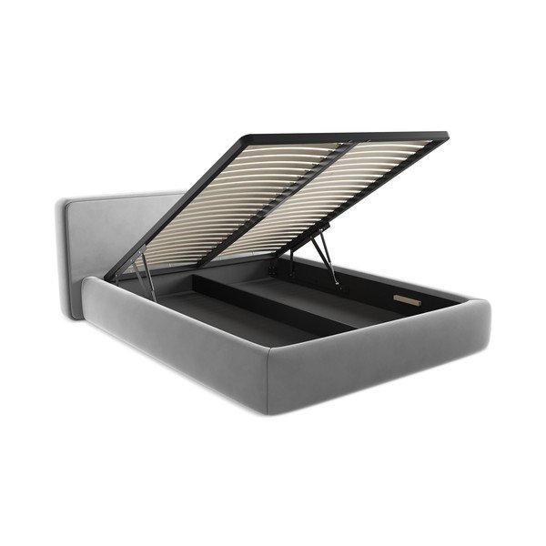 Pat matrimonial gri tapițat cu spațiu de depozitare cu somieră 160x200 cm Kiana – Makamii-image-3