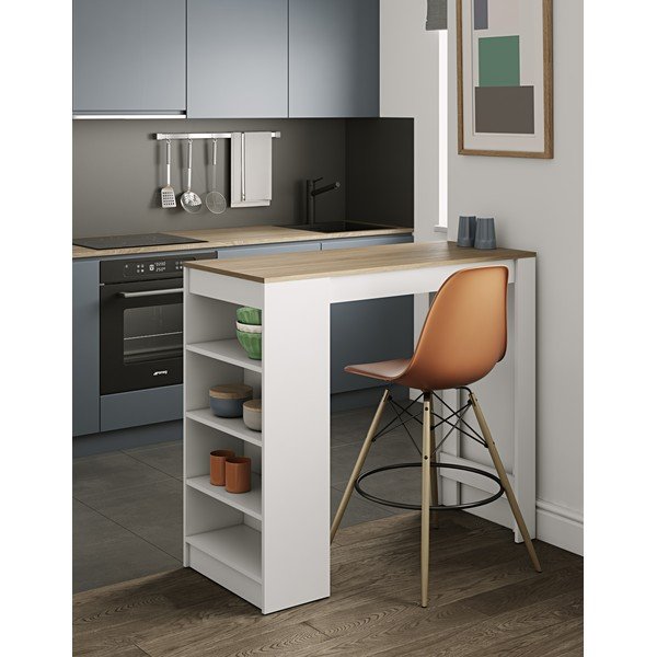Masă de bar albă cu blat cu aspect de stejar 115x50 cm Aravis - TemaHome -image-1