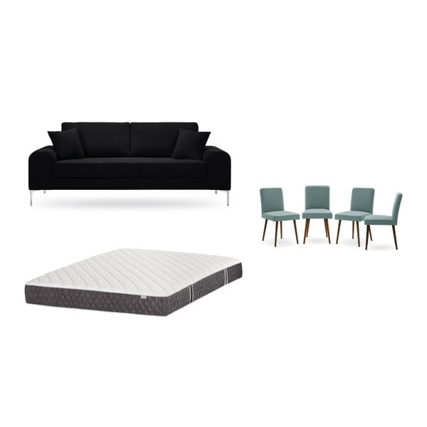 Set canapea neagră cu 3 locuri, 4 scaune gri-verde, o saltea 160 x 200 cm Home Essentials