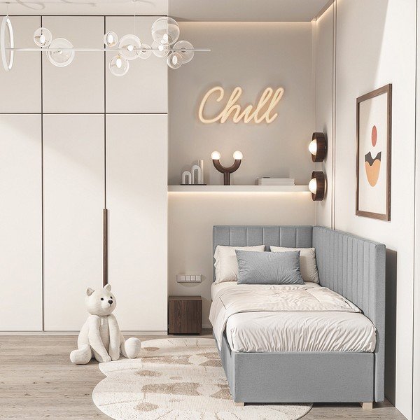 Pat pentru copii  gri pe colț cu spațiu de depozitare cu saltea 90x200 cm Snugi – Ghado-image-1